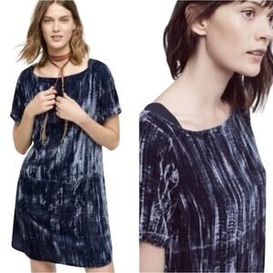 Anthropologie Floreat Crushed Velvet Mini Dress Tunic Pockets Navy Blue Large